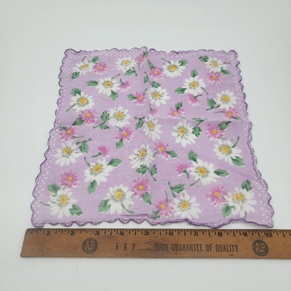 Vintage Purple Flower Floral Daisy Scalloped Border Hankie Handkerchief EUC - Picture 3 of 5